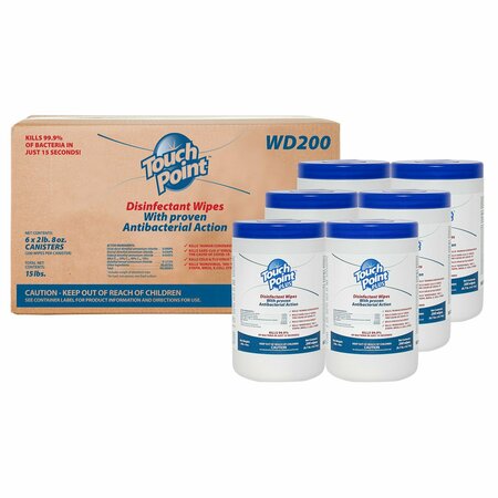 TOUCH POINT WIPES TP Plus Disinfectant Wipes - 6 Canisters x 200 Wipes, 6.7 in.x6.7 in., EPA Registered, 6PK WD200